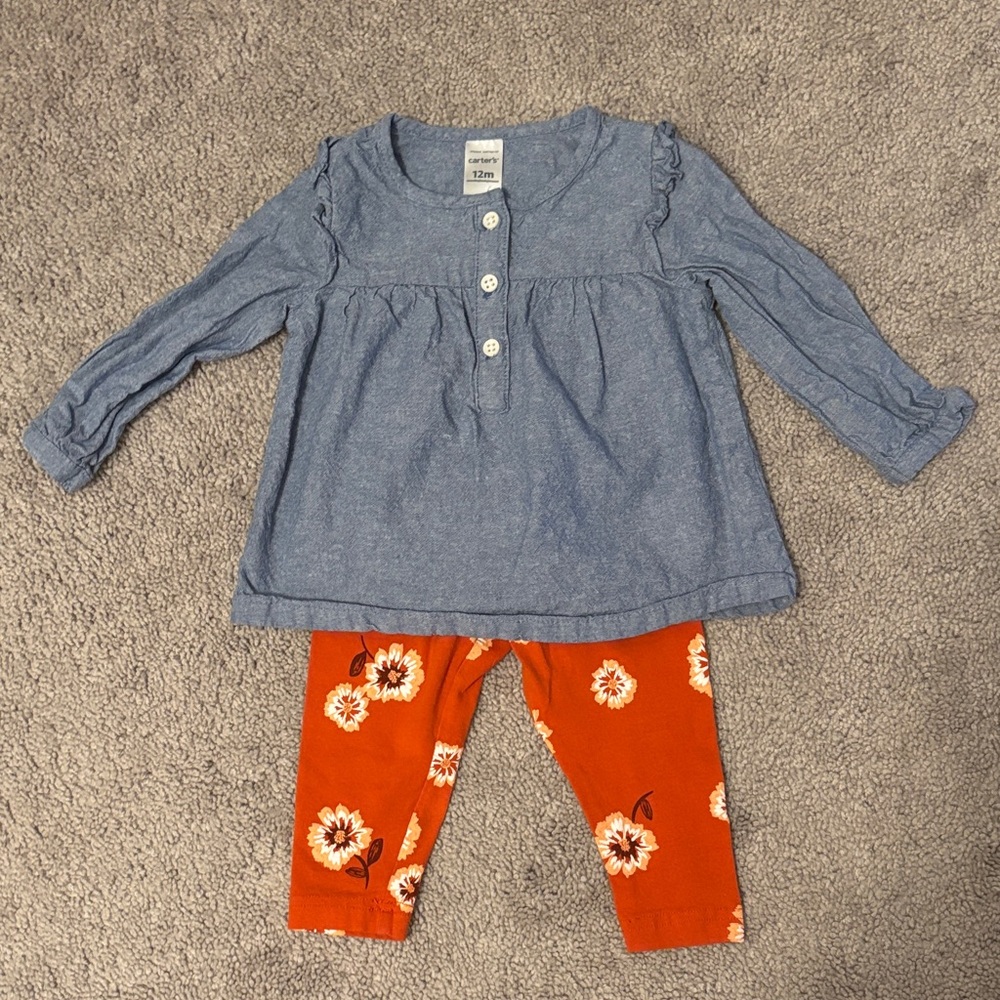 Denim Top and Orange Floral Pants Set